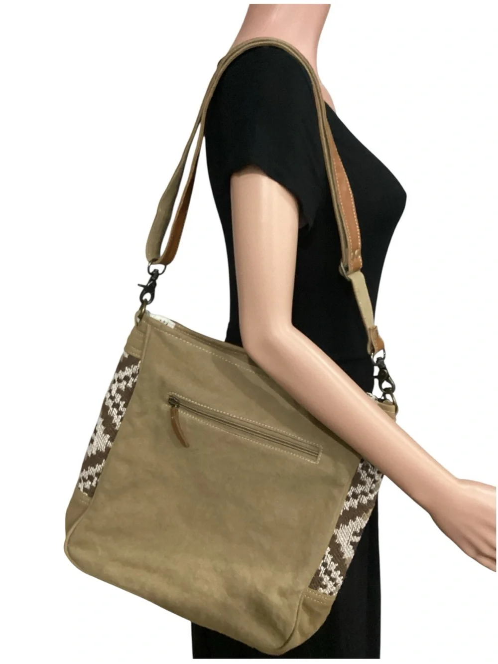 Myra Bag Leather Hair Trim Canvas Woven Crossbody Shoulder Bag Elisa